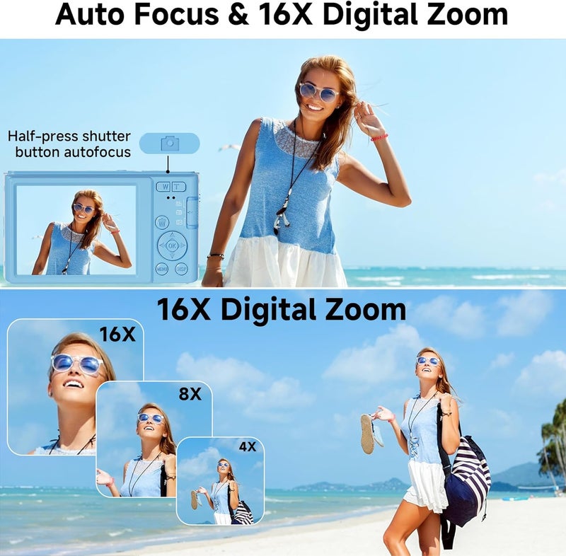 ceye Digital Camera, FHD 4K Digital Camera with 64GB SD Card, 44MP Digital Point and Shoot Camera, 16X Digital Zoom, Anti Shake, 3-LED Fill Lights, Compact Camera for Kids Teen Boys Girls, Blue - Image 5